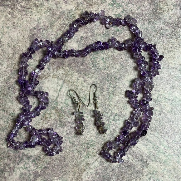 Vintage Amethyst Tumbled Chips Necklace & Earrings Set - Picture 1 of 3